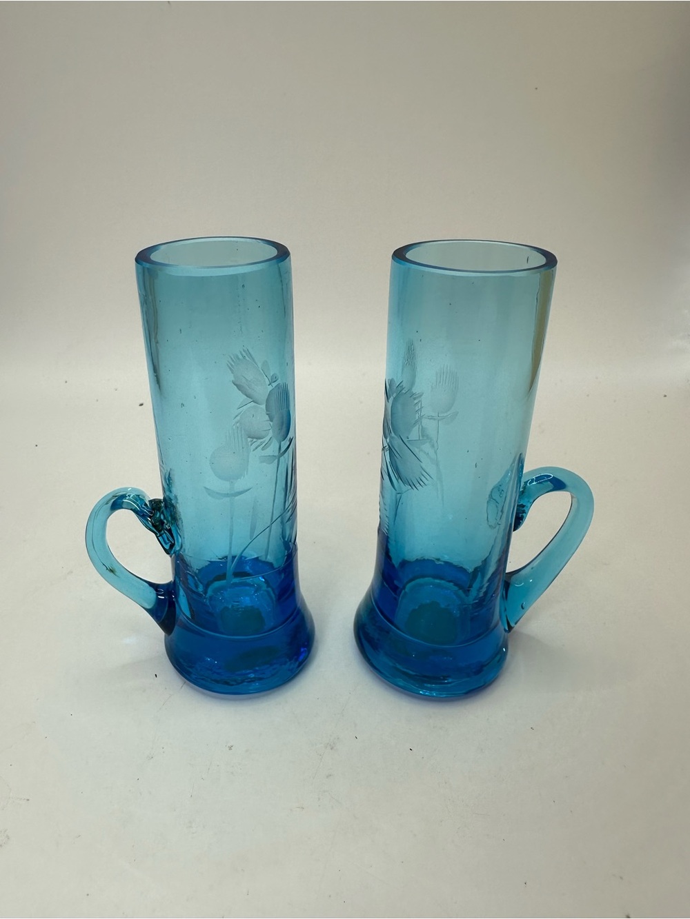 Vintage Nasco Tall Shot Glasses With Handle Blue Etched Floral Set of 2 MCM